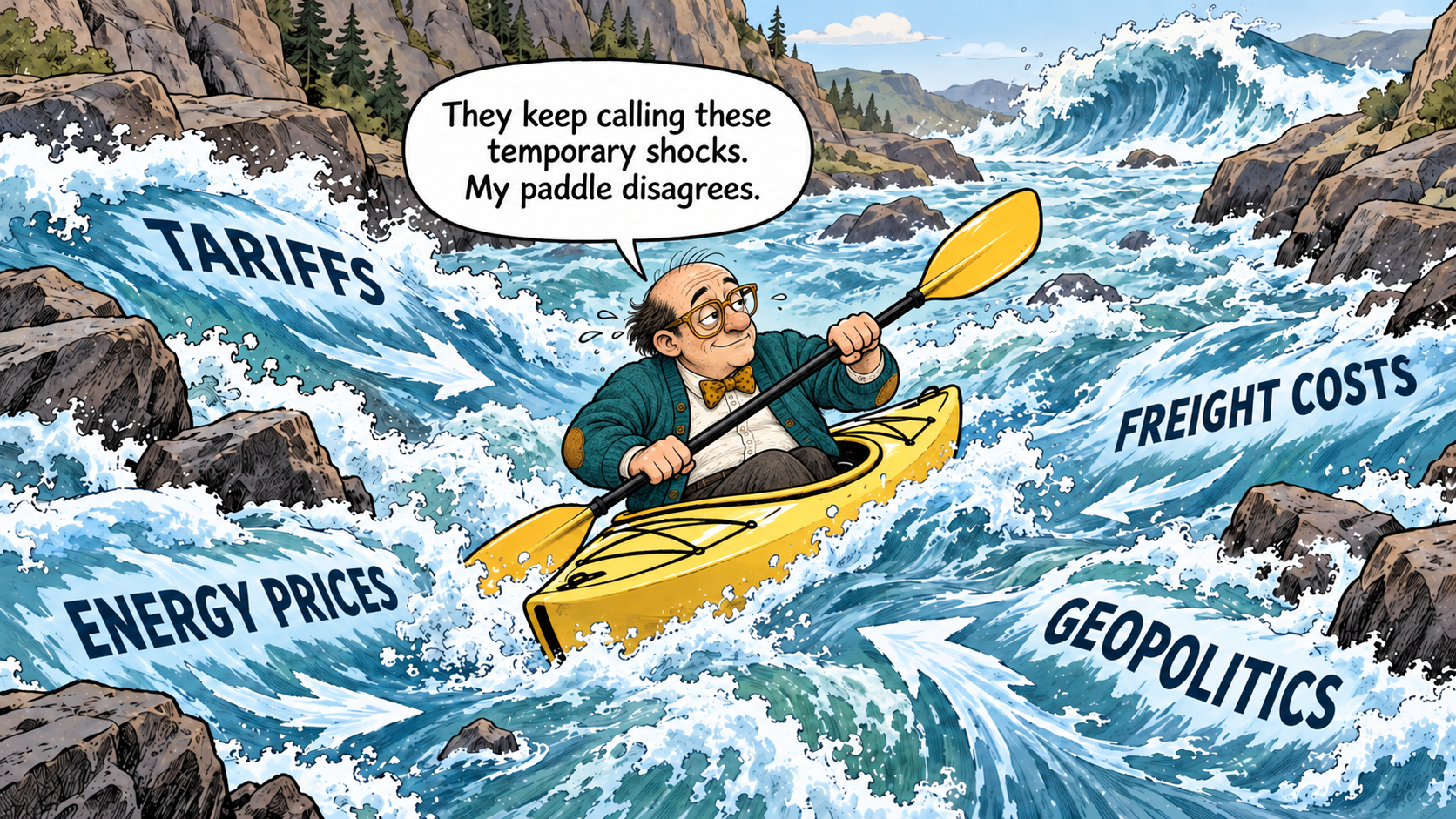Mack paddles a yellow kayak against relentless currents labeled tariffs, energy prices, freight costs, and geopolitics