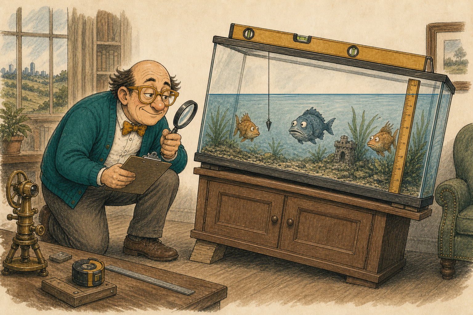 Mack performs an overly elaborate inspection of the water level in a tilted fish tank