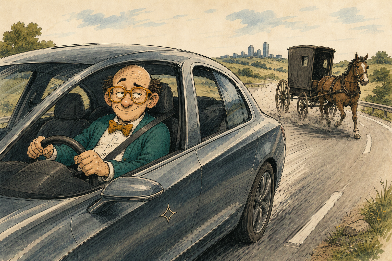 Mack drives a modern car past an old horse-drawn buggy