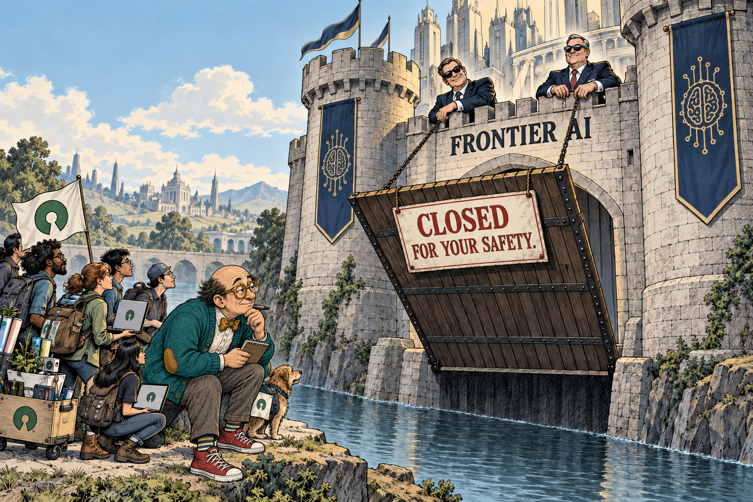 Big AI executives raise a castle drawbridge against open-model developers under a sign reading Closed for Your Safety